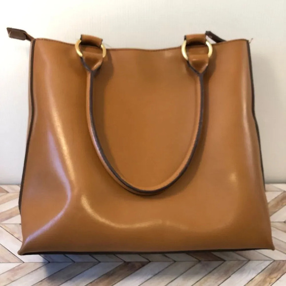 Faux Leather Vegan Camel Brown Tote Bag w/ Handles Country Western 70s Style - Picture 5 of 9